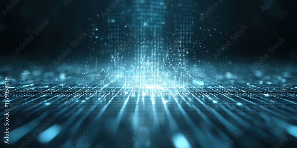Poster economy marketing 3d concept. digital data streams illuminated in blue tones create a futuristic tec
