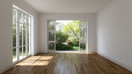 Fototapeta premium Empty room with large windows overlooking a garden