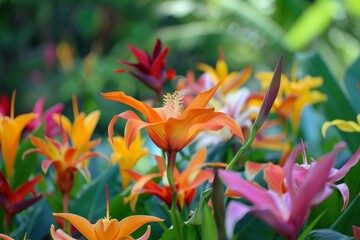 Obraz premium Orange, pink and yellow lilies blooming in a botanical garden creating a colorful natural background