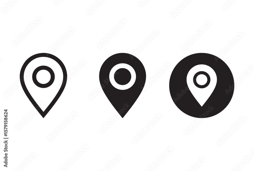 Poster three black map pointer icons in different styles isolated on white background