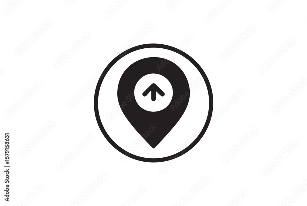 Poster black map pin icon with upward arrow inside a circle isolated on white background