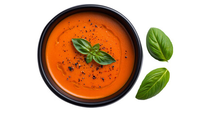 Fresh Tomato Soup with Basil and Black Pepper on Transparent Background