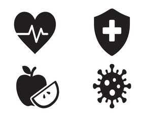 Obraz premium Health & Wellness Glyph Icons: Heartbeat, Protection, Apple & Virus Symbols
