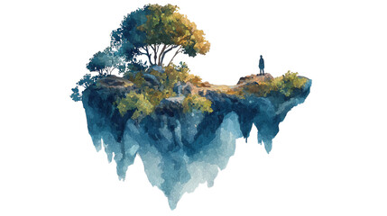 Floating Island with Trees in Watercolor Style on Transparent Background