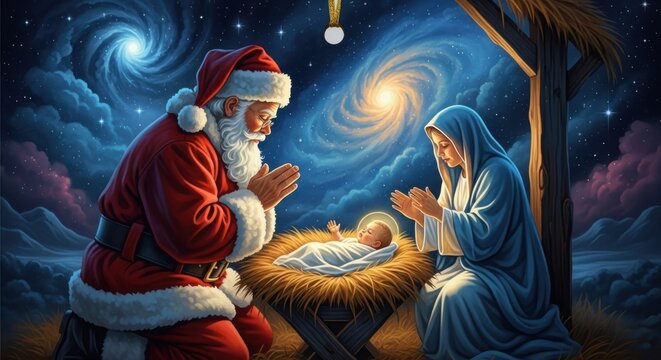 Santa Claus Kneels in Nativity Scene with Baby Jesus and Mary Under Starry Sky