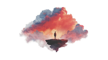 Person Standing on Floating Island Surrounded by Vibrant Clouds - Digital Art on Transparent Background