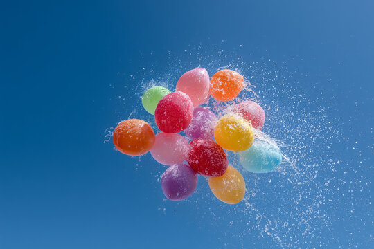 Colorful water balloons mid-air exploding with splashes, captured in bright daylight against a clear blue sky