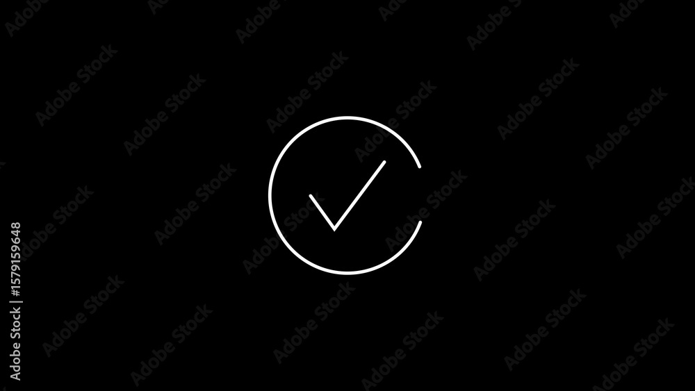 Poster minimalist checkmark icon within a circle representing approval and completion on a black background