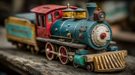 Close-up of a vintage wooden toy train