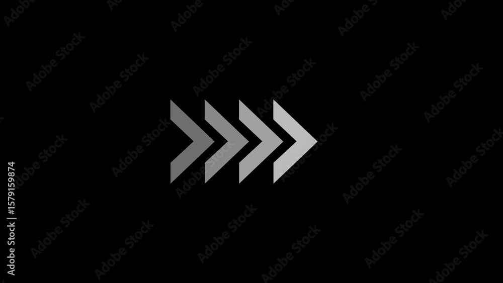 Poster abstract graphic of four arrows pointing rightward in grayscale on black background