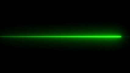 Bright green laser beam horizontal on black background ideal for science and technology