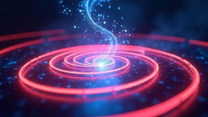 Obraz premium Abstract image of a glowing blue energy stream above a red spiral on a dark surface with blue specks