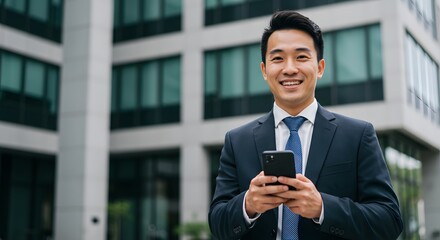 Smiling businessman using smartphone outside modern office building.