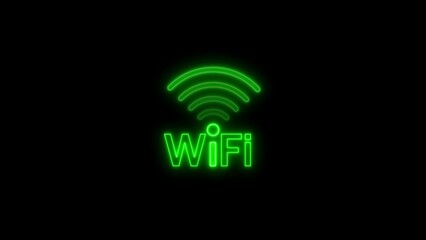 Green glowing neon wifi symbol on black background representing internet connection