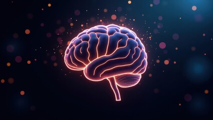 Glowing human brain with red outline on a dark background with bokeh lights and small particles