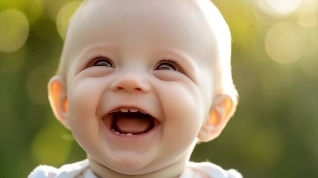 A joyful baby laughs outdoors