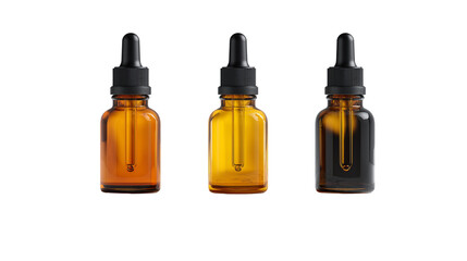 Amber glass dropper bottles with varying levels of liquid on Transparent Background