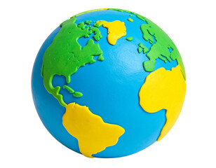 Playful Childlike Clay Earth Globe with Bold Colors, Tilted Angle PNG on Transparent Background