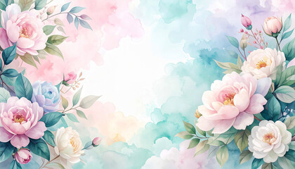 Elegant watercolor floral background in soft pastel tones with blooming pink, blue, and purple flowers. Perfect for wedding invitations, greeting cards, romantic themed designs