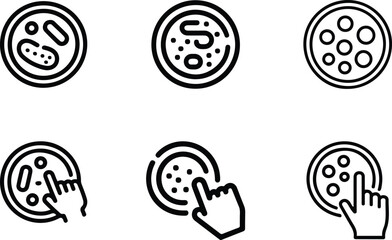 Petri Dish and Microbiology Line Icons Set. Bacteria, Cells, Finger Touch, Science Lab – Black Outline Vector.