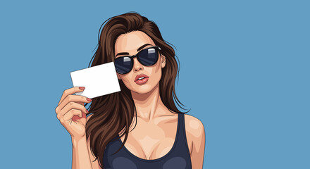 Young woman holding a blank card in her hand demanding attention to what is written on it before handing it over.