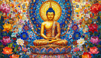 Obraz premium A vibrant mosaic art depiction of a golden Buddha statue radiating light, set amidst colorful flowers, traditional temples, spiritual and artistic image, peace, meditation, and rich cultural heritage