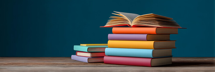 Stack of colorful books and open book on wooden table against blue background