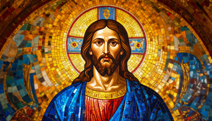 Mosaic style oil painting of Jesus Christ with Byzantine inspiration. Radiant golden background and intricate details create a powerful spiritual image, ideal for Christian art, sacred spaces