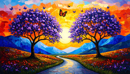 mosaic style painting depicts a vibrant landscape with two majestic purple blossomed trees framing a radiant sun over distant mountains, colorful wildflowers, creating a dreamlike, artistic, and peace