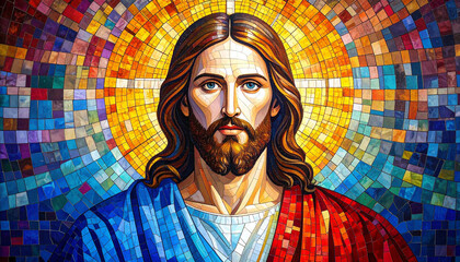 Mosaic style oil painting of Jesus Christ with Byzantine inspiration. Radiant golden background and intricate details create a powerful spiritual image, ideal for Christian art, sacred spaces