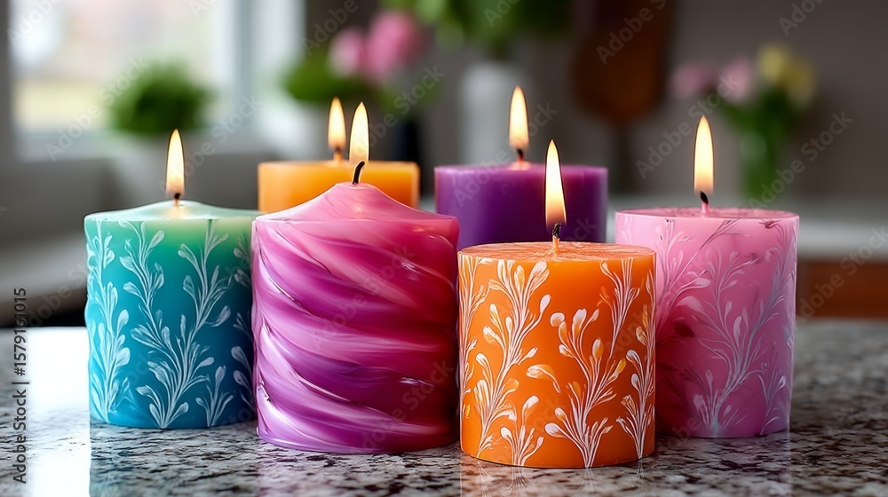 Aufkleber row of colorful candles with different patterns on them. the candles are lit and arranged on a count