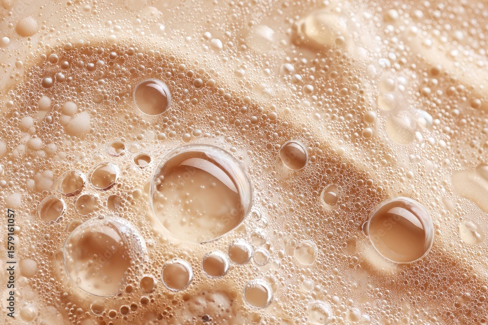 Poster close-up of a light beige liquid with numerous small and large bubbles, creating a textured, frothy 