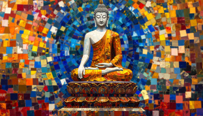 A vibrant mosaic art depiction of a golden Buddha statue radiating light, set amidst colorful flowers, traditional temples, spiritual and artistic image, peace, meditation, and rich cultural heritage