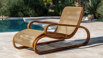 Wooden cane chaise lounge near pool