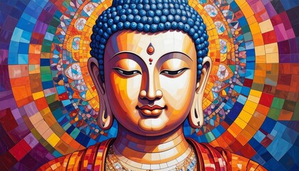 Mosaic style oil painting of a serene Tibetan Buddha, featuring vivid colors and intricate detail. A spiritual artwork perfect for meditation spaces, cultural art lovers, and Eastern philosophy themes