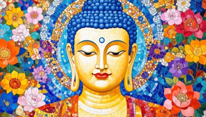 Mosaic style oil painting of a serene Tibetan Buddha, featuring vivid colors and intricate detail. A spiritual artwork perfect for meditation spaces, cultural art lovers, and Eastern philosophy themes