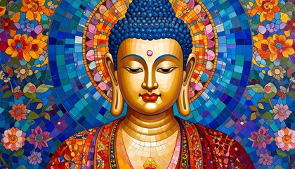 Mosaic style oil painting of a serene Tibetan Buddha, featuring vivid colors and intricate detail. A spiritual artwork perfect for meditation spaces, cultural art lovers, and Eastern philosophy themes