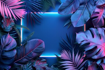 Tropical leaves create a lush border around a glowing neon rectangle on a deep blue backdrop