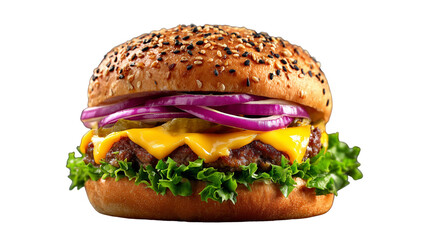 Cheeseburger with Onion and Lettuce on Sesame Bun - Close-up Shot on Transparent Background