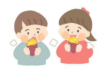 焼き芋を食べる幼い子どもたちのイラスト