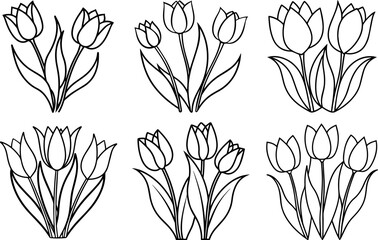 A Set of tulips line art, black outline, vector and illustration, coloring book pag	
