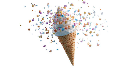 Delicious Ice Cream Cone with Colorful Sprinkles Floating on Transparent Background