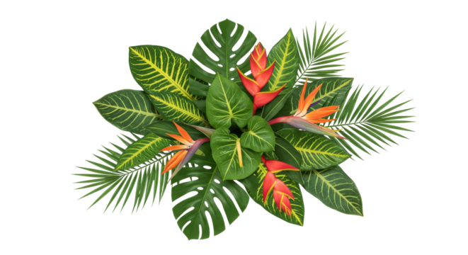 Arrangement of Tropical Plants and Flowers Overhead Shot