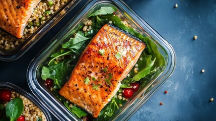 Grilled Salmon Fillet on Quinoa and Fresh Greens in Glass Meal Prep Container
