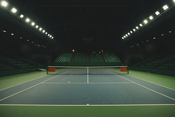 An empty tennis court in a stadium with bright lights and seating