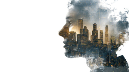 Double Exposure Profile Silhouette with Capacity at Sunset on Transparent Background
