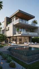 Fototapeta premium Modern three story house with a pool and palm trees on a sunny day in a tropical location