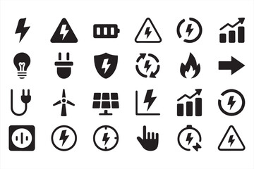 Energy and electricity black icon set - plug, battery, fire, light bulb, solar, power graph