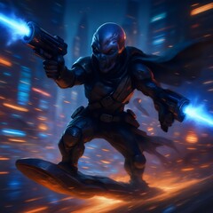 Fototapeta premium Futuristic Cyber Warrior on Hoverboard with Dual Blasters