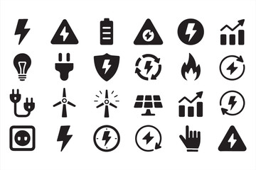 Energy and electricity black icon set - plug, battery, fire, light bulb, solar, power graph